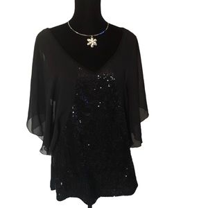 Seven7 Luxe Black Layered Sheer Sequined Tunic Top Womens 14/16